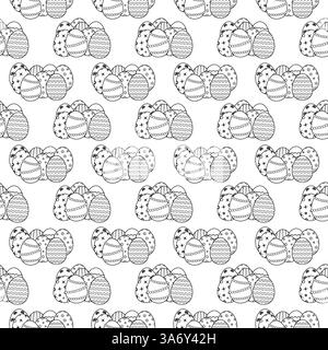 Motivo bianco e nero senza cuciture di uova di Pasqua ornate con motivi decorativi. Perfetto per colorare la pagina, i mestieri dei bambini e per avvolgerli. Illustrazione Vettoriale