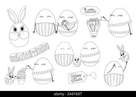Un divertente set di pagine da colorare in bianco e nero di Pasqua con carini uova di Pasqua antropomorfe di famiglia, coniglietto pasquale, tulipani ed elementi natalizi. Illustrazione Vettoriale