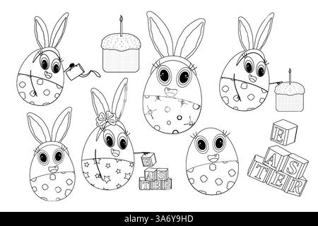 Graziosa pagina da colorare di Pasqua con uova a tema coniglietto, torta pasquale e blocchi pasquali. Perfetto per attività per bambini, artigianato e divertimento durante le vacanze. Illustrazione Vettoriale