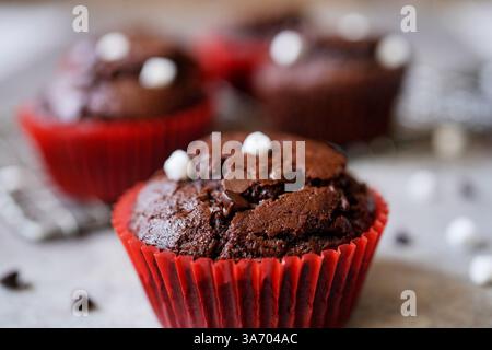 Muffin alla cioccolata calda fatti in casa con mini marshmallow, concentrazione selettiva Foto Stock