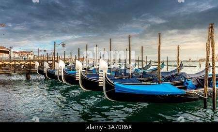 Venezia, Italia - 11 febbraio 2024: Gondole allineate in fila sul Canal grande a Venezia, con la città sullo sfondo Foto Stock