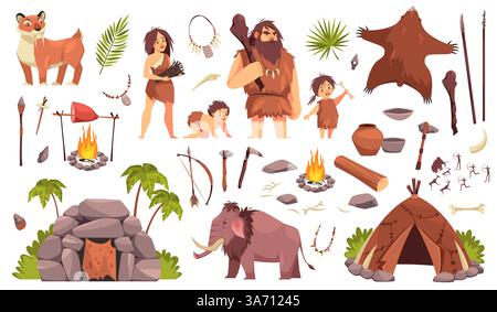 Caratteri dell'età della pietra. Elementi di cultura primitiva, persone vestite con pelli di animali, ceramiche e utensili in pietra e armi, cartoni animati preistorici di famiglia f Illustrazione Vettoriale