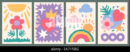 Composizioni di pezzi di carta. Collage d'arte per bambini, creatività scolastica per bambini, applicazioni in cartone colorato incollato, collezione poster, notebook c Illustrazione Vettoriale