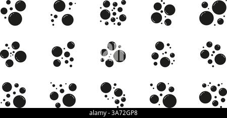 Icona bolle di sapone solido. Gruppo di bolle d'aria galleggianti di varie dimensioni con simbolo di silhouette della superficie riflettente. Illustrazione del vettore isolato Illustrazione Vettoriale