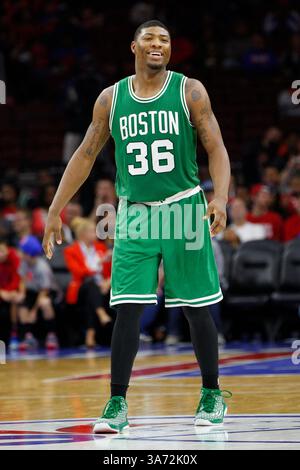 16 ottobre 2014: La guardia dei Boston Celtics Marcus Smart (36) reagisce durante la gara di pre-stagione NBA tra i Boston Celtics e i Philadelphia 76ers al Wells Fargo Center di Philadelphia, Pennsylvania. I Celtics vinsero 111-91. (Christopher Szagola/Cal Sport Media)(immagine di credito: © Chris Szagola/Cal Sport Media/ZUMAPRESS.com) Foto Stock