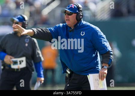14 ottobre 2012: Il capo-allenatore ad interim degli Indianapolis Colts Bruce Arians reagisce ai margini durante la partita NFL tra gli Indianapolis Colts e i New York Jets al MetLife Stadium di East Rutherford, New Jersey. I New York Jets batterono gli Indianapolis Colts, 35-9.(Credit Image: © Chris Szagola/Cal Sport Media/ZUMAPRESS.com) Foto Stock