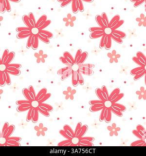 Margherite rosse dipinte a mano con motivo floreale senza cuciture beige e rosa chiaro Illustrazione Vettoriale