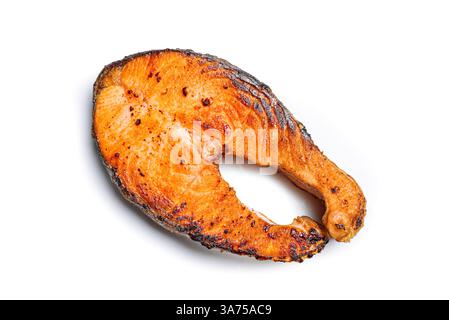Bistecca di pesce arrosto isolata su fondo bianco. Cibo sano, menu fitness. Foto Stock