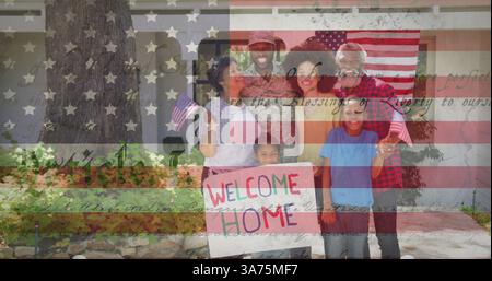 Immagine di un soldato maschio che abbraccia la famiglia sorridente sulla bandiera americana Foto Stock