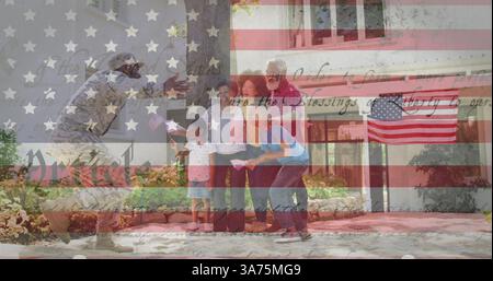 Immagine di un soldato maschio che abbraccia la famiglia sorridente sulla bandiera americana Foto Stock