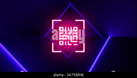 Immagine del codice qr che si illumina su sfondo blu al neon Foto Stock