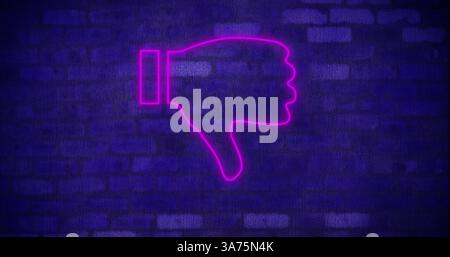 Il simbolo con i pollici rosa neon si illumina sullo sfondo delle pareti di mattoni scuri Foto Stock