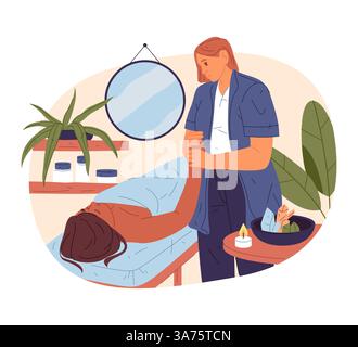Massaggio alle mani o alle palme. Segno vettoriale per sessione di terapia ortopedica, trattamento corpo presso salone di bellezza. Cura e rilassamento della pelle. Procedura di chiropratica. Illustrazione Vettoriale