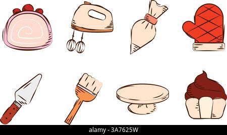 Set di utensili da forno e dolci. Vettore Illustrazione Vettoriale