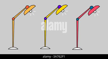 Set di piantana dallo stile piatto. Luce da lettura in stile cartoni animati. Icona clipart vettoriale. Lampada da tavolo. Illustrazione Vettoriale