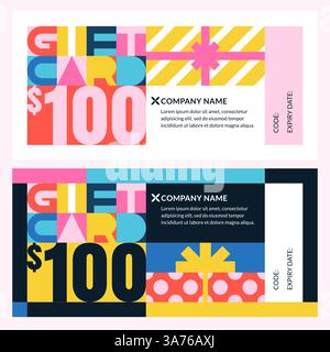 Carta regalo, voucher, certificato o modello di coupon con scritte geometriche colorate e confezioni regalo. Illustrazione piatta vettoriale. Banner sconto Illustrazione Vettoriale