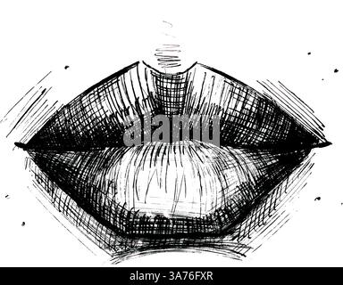 Icona delle labbra disegnate a mano in stile inchiostro grafico. Donna bocca con linee. Organi SENSE dal design monocromatico. Illustrazione vettoriale Illustrazione Vettoriale