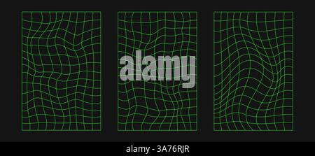 Wireframe astratti, elementi cyberpunk e griglie e sfere verdi prospettiche. Set futuristico dal design geometrico surreale. Forme y2k psichedeliche. Rave Illustrazione Vettoriale
