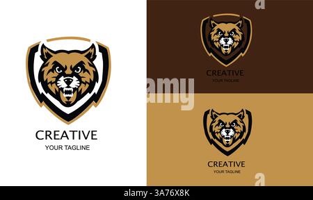 Design con logo Fierce Wolf Head Shield su sfondo bianco, marrone scuro e oro Illustrazione Vettoriale