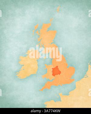 West Midlands sulla mappa dell'Inghilterra in morbido grunge e stile vintage, come la carta vecchia con pittura ad acquerello. Foto Stock