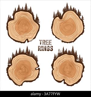 Tronco di alberi rotondi taglia con alberi e foreste. Fette di pino o quercia segate, legname. Sega tagliava legname, legno. Struttura in legno marrone con anelli ad albero. Disegnato a mano Illustrazione Vettoriale