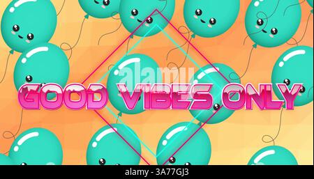 Immagine delle parole "Good Vibes" scritte solo in rosa con palloncini blu fluttuanti sull'arancione Foto Stock