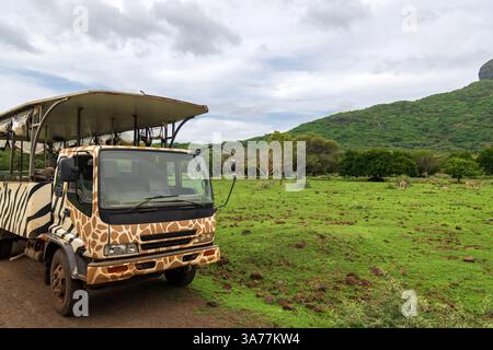 Safari Adventure: Veicolo per il tour della fauna selvatica nel paesaggio verde. Safari Truck con motivo giraffa nella riserva naturale africana Foto Stock