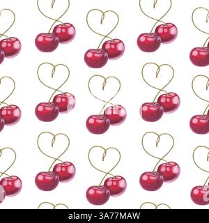 Un motivo ad acquerello senza cuciture dipinto a mano con ciliegie rosse con steli a forma di cuore. Perfetto per temi romantici, disegni per San Valentino, pacchetti Foto Stock