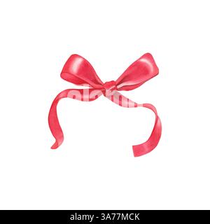 Un'illustrazione ad acquerello dipinta a mano di un fiocco regalo rosso. Ideale per progetti di poligrafia come biglietti, inviti, adesivi, volantini, poster, e mor Foto Stock