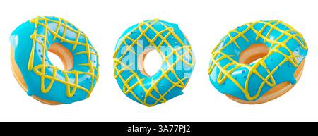 Ciambelle con glassa blu ai mirtilli, spruzzi, goccioline bianche e puntini isolati su sfondo bianco trasparente. rendering 3d e illustrazione dell'essiccatore Foto Stock