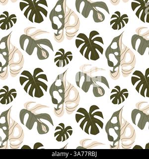 Motivo senza cuciture con foglie Monstera. Sfondo esotico tropicale con lussureggiante vegetazione verde e beige. Illustrazione vettoriale moderna in stile piatto Illustrazione Vettoriale