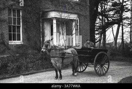 1930, storica, Cecilia Nina Bowes-Lyon, Contessa di Strathmore e Kinghorn, seduta su un vialetto di ghiaia fuori da una casa in una trappola e pony. Membro della nobiltà britannica, era la madre della regina Elisabetta (la regina madre) e nonna della regina Elisabetta II Foto Stock