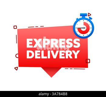 Cartello con etichetta di consegna rapida per la promozione banner. Icona cronometro per assistenza. Timer e iscrizione per consegna rapida. Illustrazione vettoriale Illustrazione Vettoriale