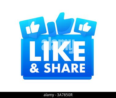 Grafica vettoriale blu brillante per il coinvolgimento dei social media con incoraggiamento della condivisione, con icone thumb up per il marketing digitale e online Illustrazione Vettoriale