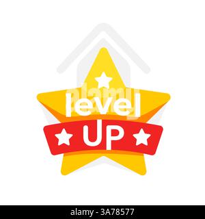 Distintivo vettoriale luminoso e audace con le parole che salgono di livello su una stella, perfetto per rappresentare traguardi, progressi o premi in giochi e app Illustrazione Vettoriale