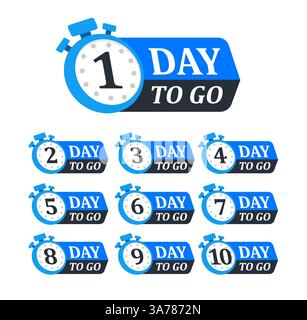 Collezione di distintivi per il conto alla rovescia che mostrano i numeri da 1 a 10 giorni rimasti, con icone del cronometro Illustrazione Vettoriale