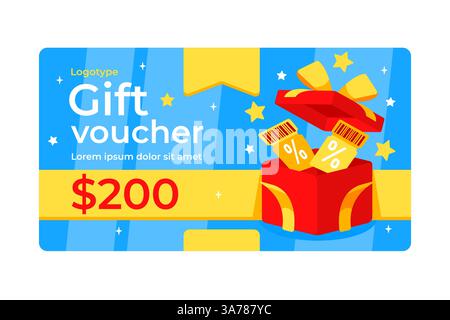 Buono omaggio speciale per lo shopping 200 con scatola festiva e biglietti scontati Illustrazione Vettoriale