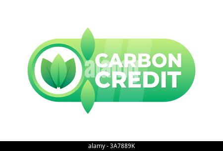 Badge verde con un simbolo a foglia che rappresenta il raggiungimento o l'acquisto di credito di carbonio per la sostenibilità ambientale Illustrazione Vettoriale