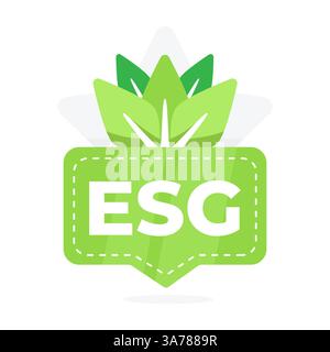 Design ecosostenibile del badge ESG con il simbolo delle foglie per gli standard ambientali, sociali e di governance Illustrazione Vettoriale