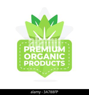 Distintivo che indica la massima qualità di prodotti biologici con un elegante design a foglia Illustrazione Vettoriale