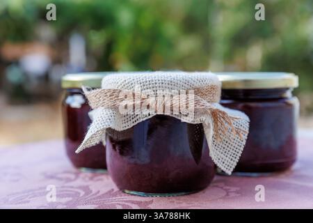 Marmellata di prugne o confit fatti in casa in un vaso di vetro di prugne fresche, ciliegia acida, mirtilli. Stile rustico, concentrazione selettiva. Foto Stock