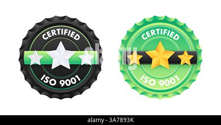 Badge certificato standard ISO 9001. Controllo qualità. Organizzazione internazionale per la standardizzazione. Illustrazione vettoriale Illustrazione Vettoriale