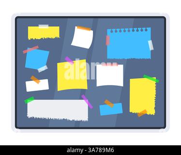 Design piatto di una bacheca con varie note adesive colorate e pezzi di carta strappati Illustrazione Vettoriale