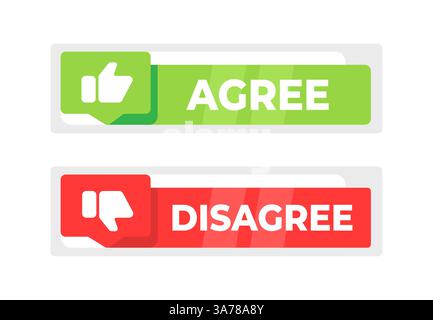 Due bolle vocali sovrapposte, una verde con ACCETTO e una rossa con DISSENSO, che rappresentano opinioni diverse o opzioni di indagine Illustrazione Vettoriale