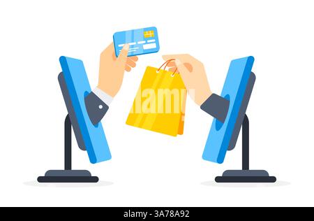 Due monitor di computer che scambiano una carta di credito e una borsa della spesa, raffiguranti una transazione di acquisto online. Illustrazione vettoriale Illustrazione Vettoriale