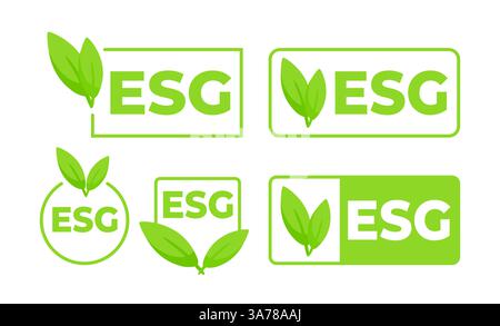 Set di etichette ecologiche ESG ambientali, sociali e di governance con design a foglia per la rendicontazione della sostenibilità e branding ecocompatibile. Illustrazione Vettoriale