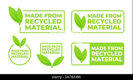 Set di etichette che indicano che i prodotti sono realizzati con materiale riciclato, con uno schema di colore verde e un simbolo a foglia per la consapevolezza dell'ambiente. Illustrazione Vettoriale