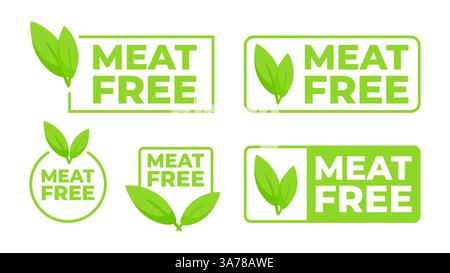 Etichetta verde con un messaggio "Meat Free" e un design a foglia, per etichettare prodotti alimentari e alternative vegani. Illustrazione Vettoriale