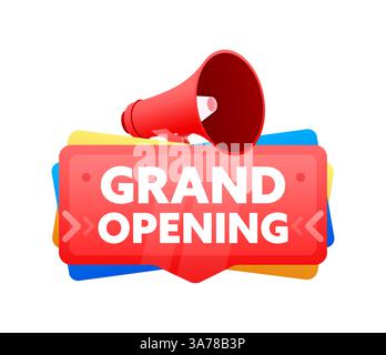 Grande apertura. Distintivo con striscione megafono, etichetta. Marketing e pubblicità. Illustrazione vettoriale Illustrazione Vettoriale