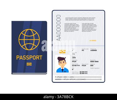 Passaporto biometrico maschile internazionale. Passaporto aperto e chiuso. Illustrazione vettoriale Illustrazione Vettoriale